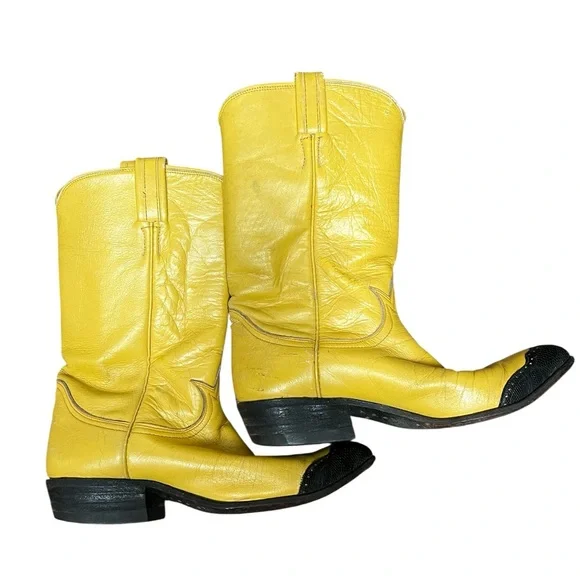 Tony Lama Vintage Yellow Western Boots with Black Toe Caps - Picture 2 of 15